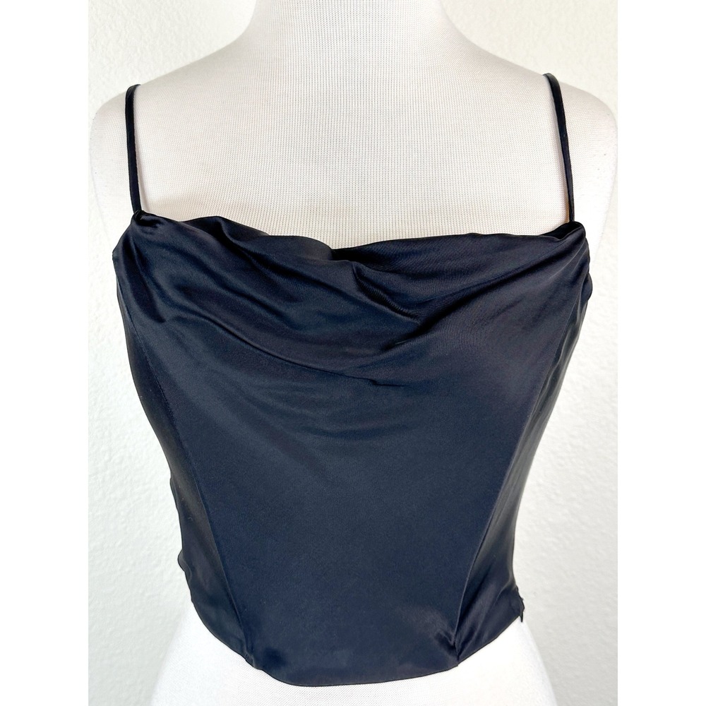 ASTR The Label Satin Cowl Neck Crop Top Black‎ Smocked Back Cami S